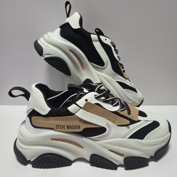 Steve Madden Possession Platform Fashion Lace Up Sneaker Choose Sz 6 Black Tan - Picture 3 of 9